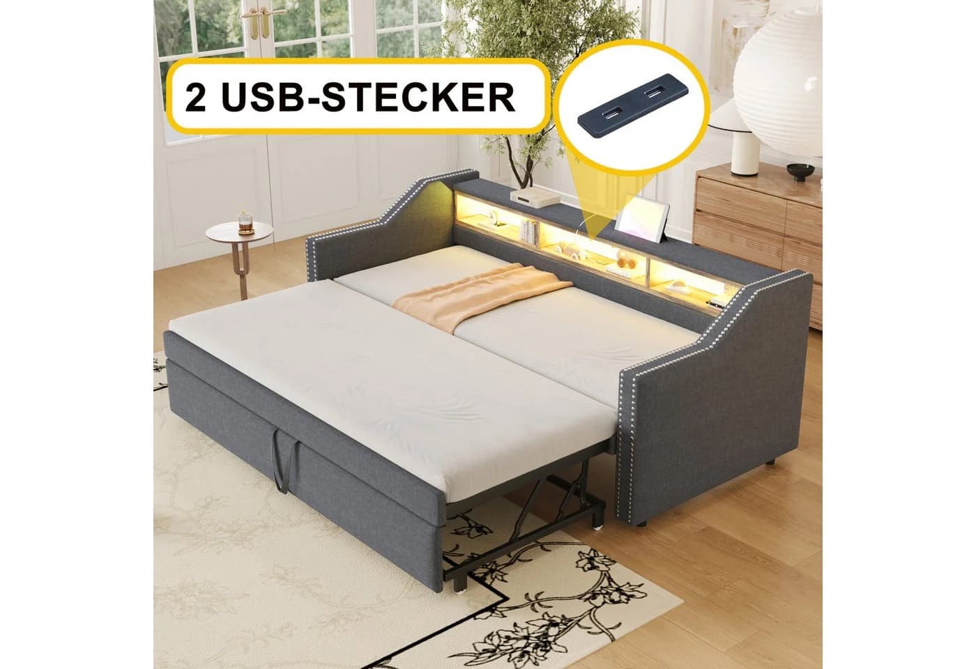 Flieks Daybett Ausziehbares Polsterbett Schlafsofa USB-Laden - Bild 5