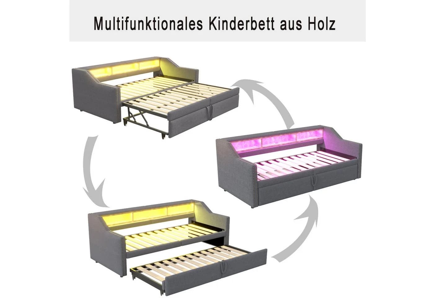 Flieks Daybett Ausziehbares Polsterbett Schlafsofa mit USB-Laden Grau - Bild 4