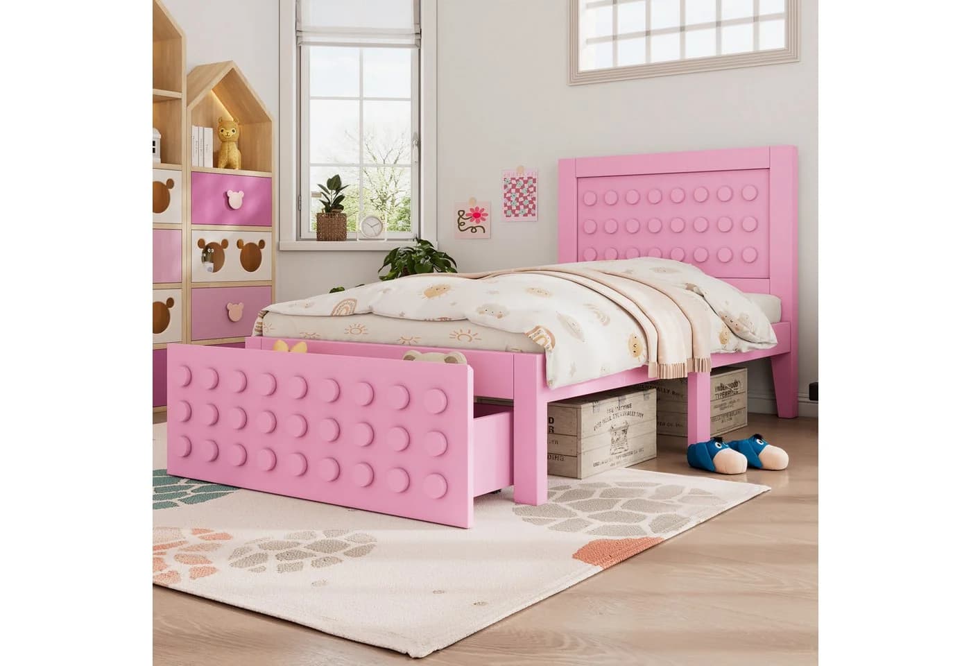 Flieks Kinderbett Rosa Bausteine-Form mit Schublade