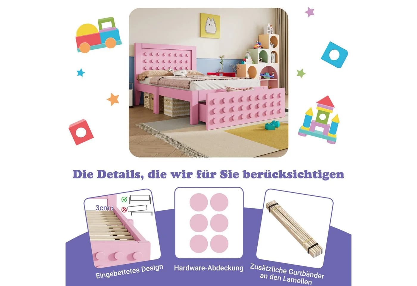 Flieks Kinderbett Rosa Bausteine-Form mit Schublade - Bild 5