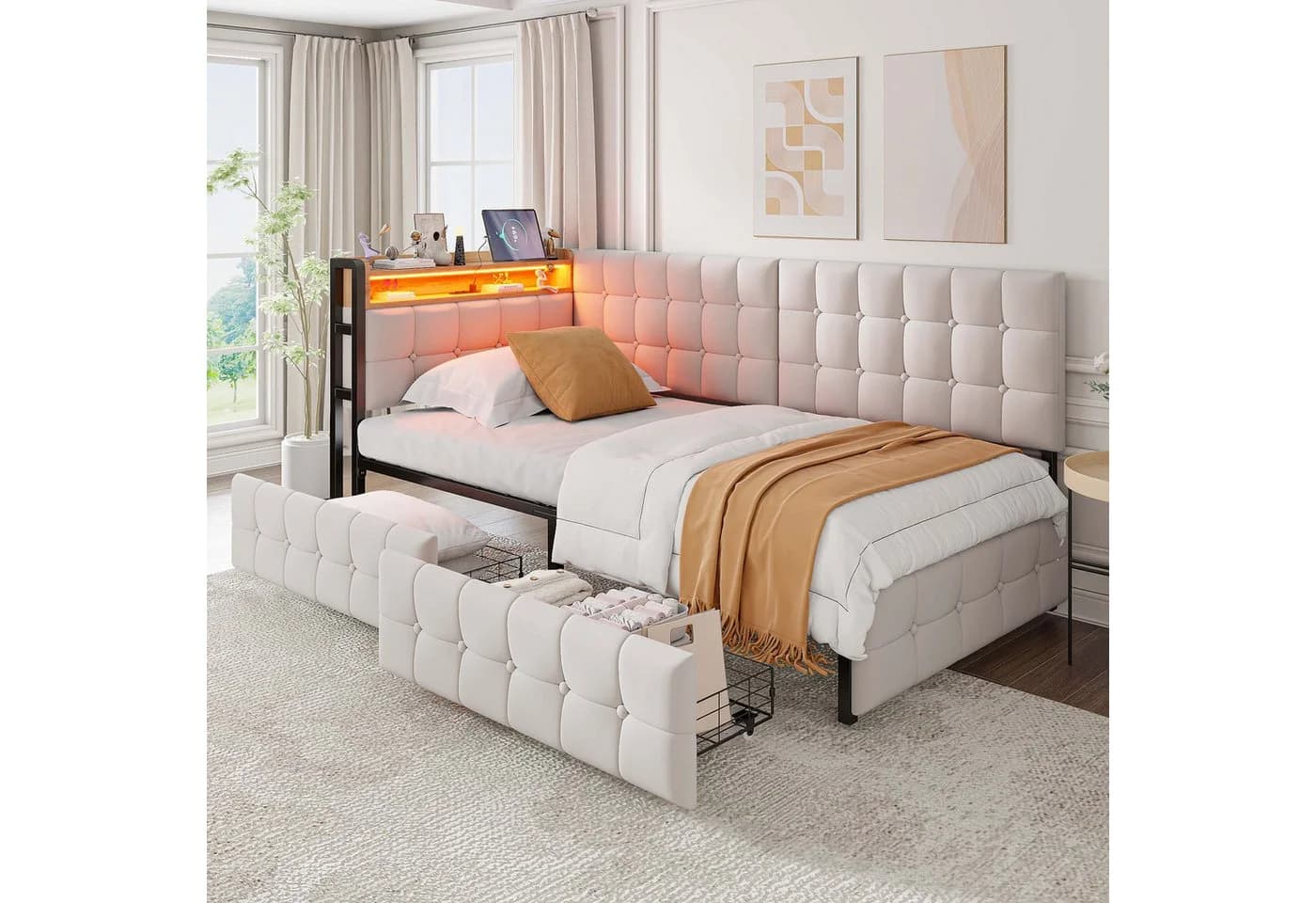 Flieks Daybett Polsterbett mit 2 Schubladen und USB-Anschluss Beige - Bild 2