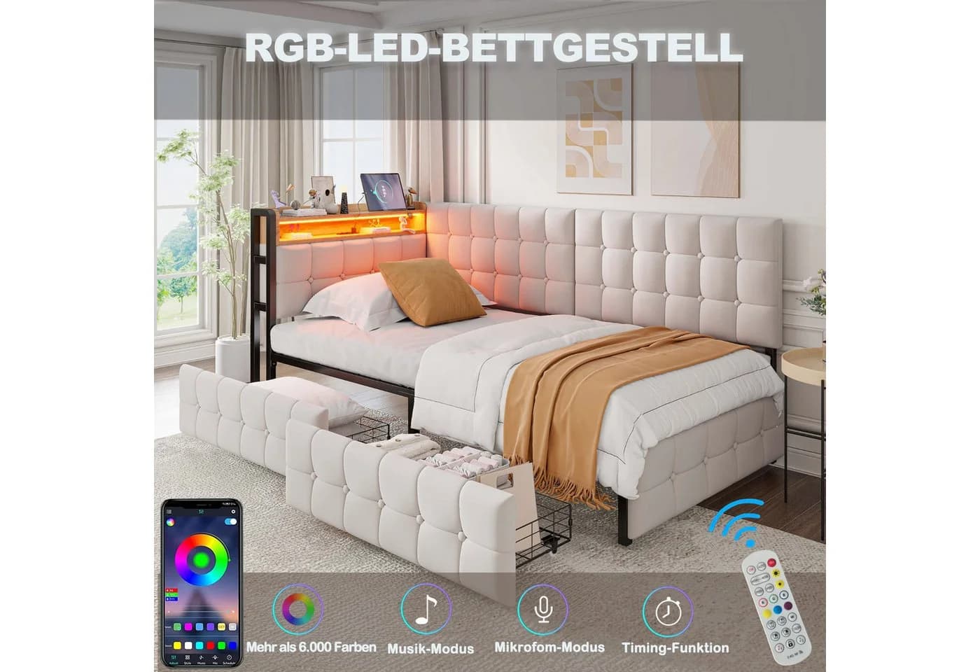 Flieks Daybett Polsterbett mit 2 Schubladen und USB-Anschluss Beige - Bild 3