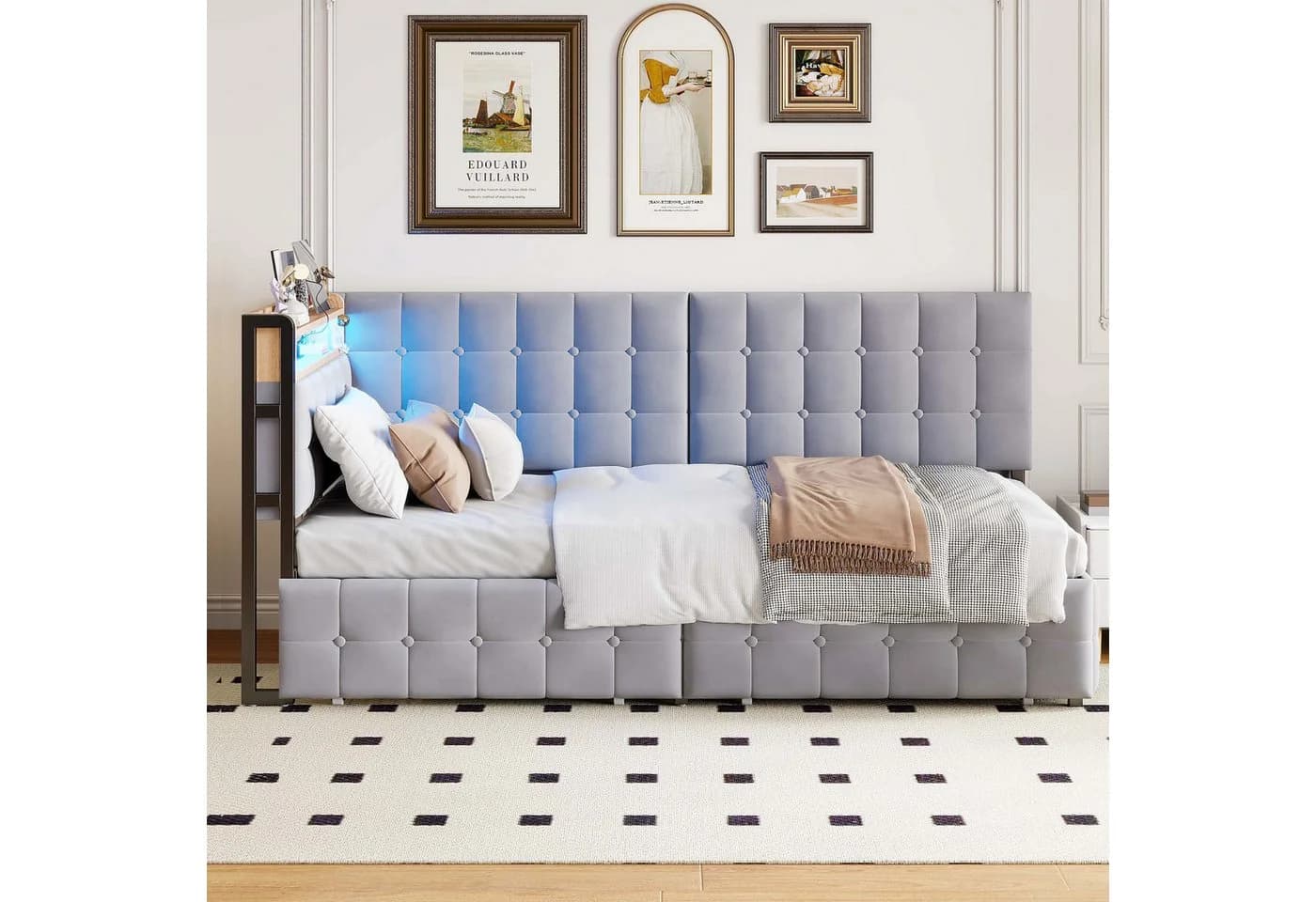 Flieks Daybett Schlafsofa Grau mit USB-Anschluss und Schubladen