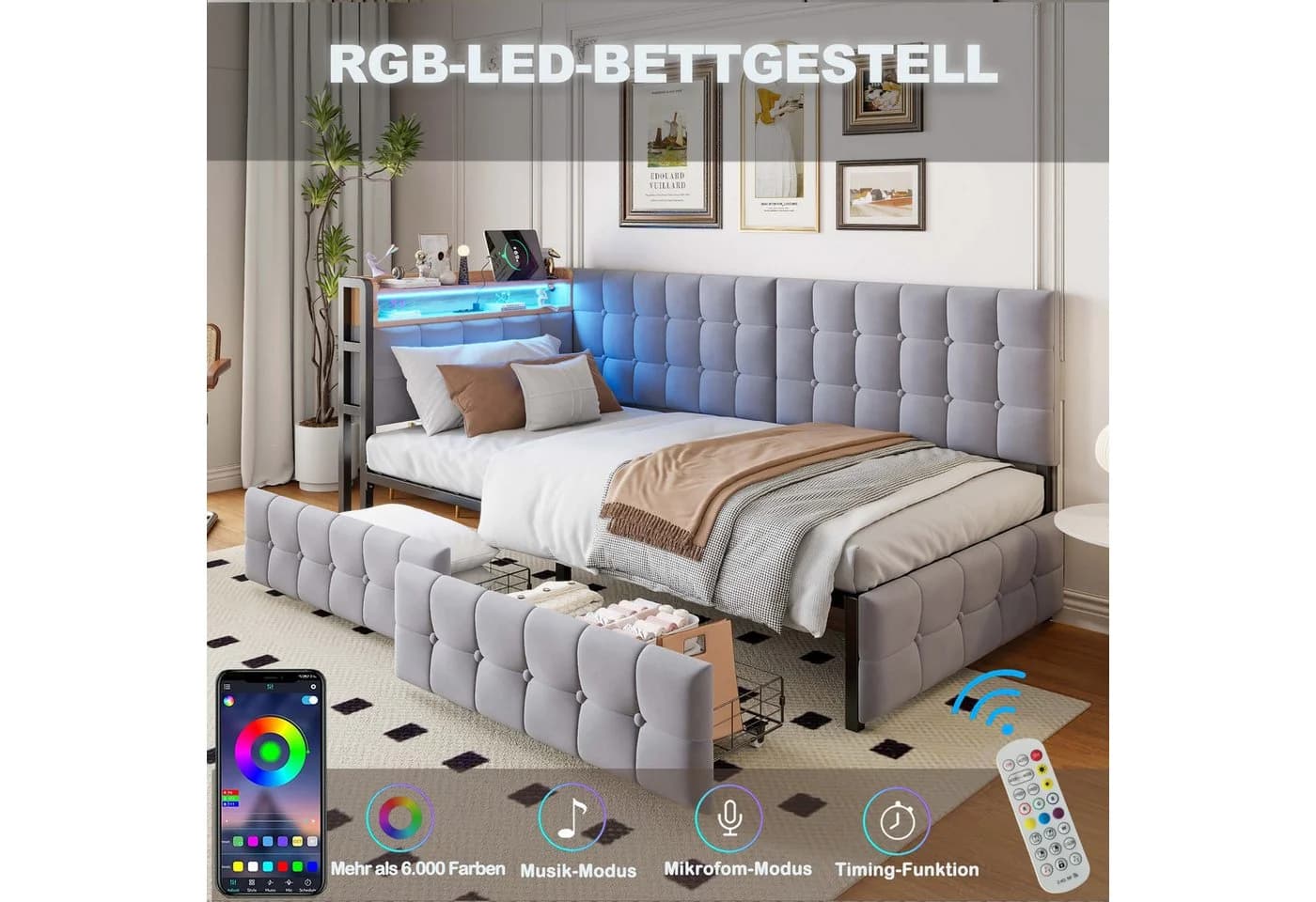 Flieks Daybett Schlafsofa Grau mit USB-Anschluss und Schubladen - Bild 3