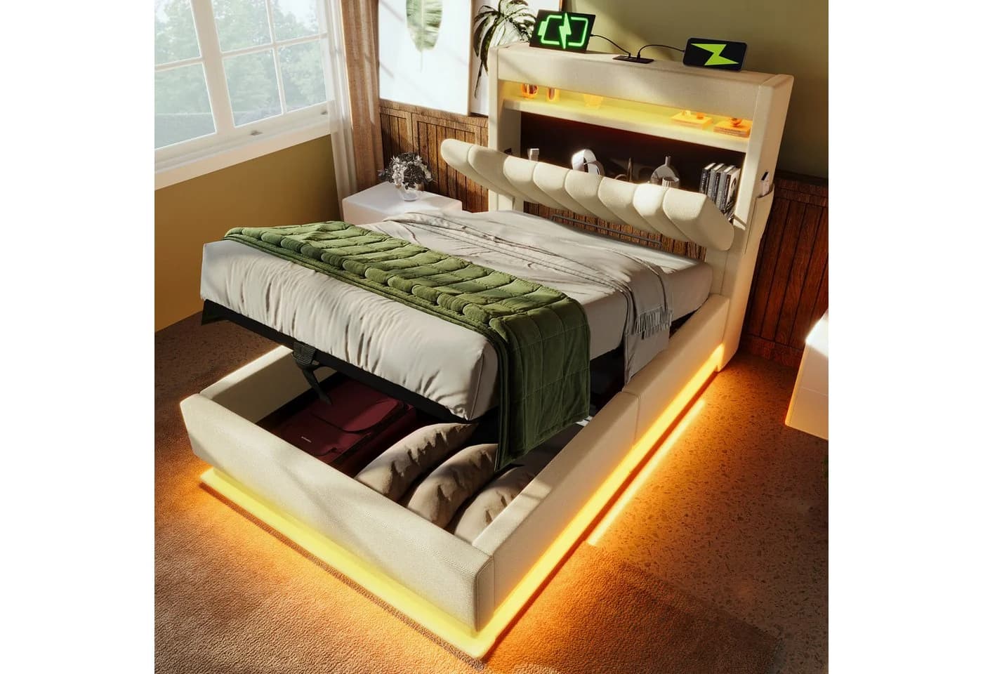 Flieks Polsterbett 90x200cm mit LED, Stauraum und Ladefunktion Beige - Bild 2