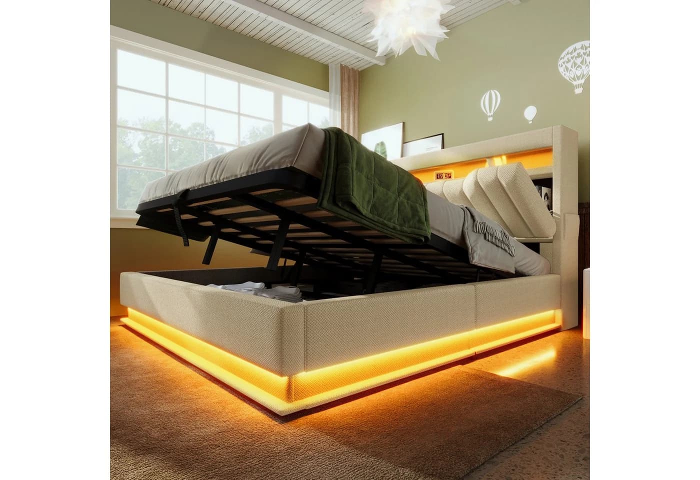 Flieks Polsterbett Beige Hydraulisches Stauraumbett mit LED