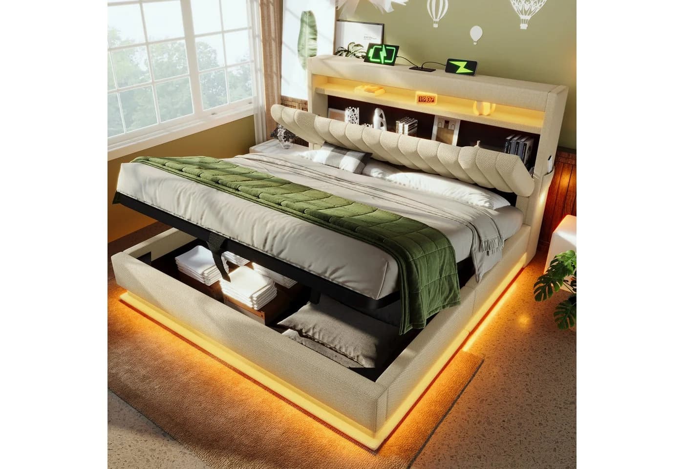 Flieks Polsterbett Beige Hydraulisches Stauraumbett mit LED - Bild 2