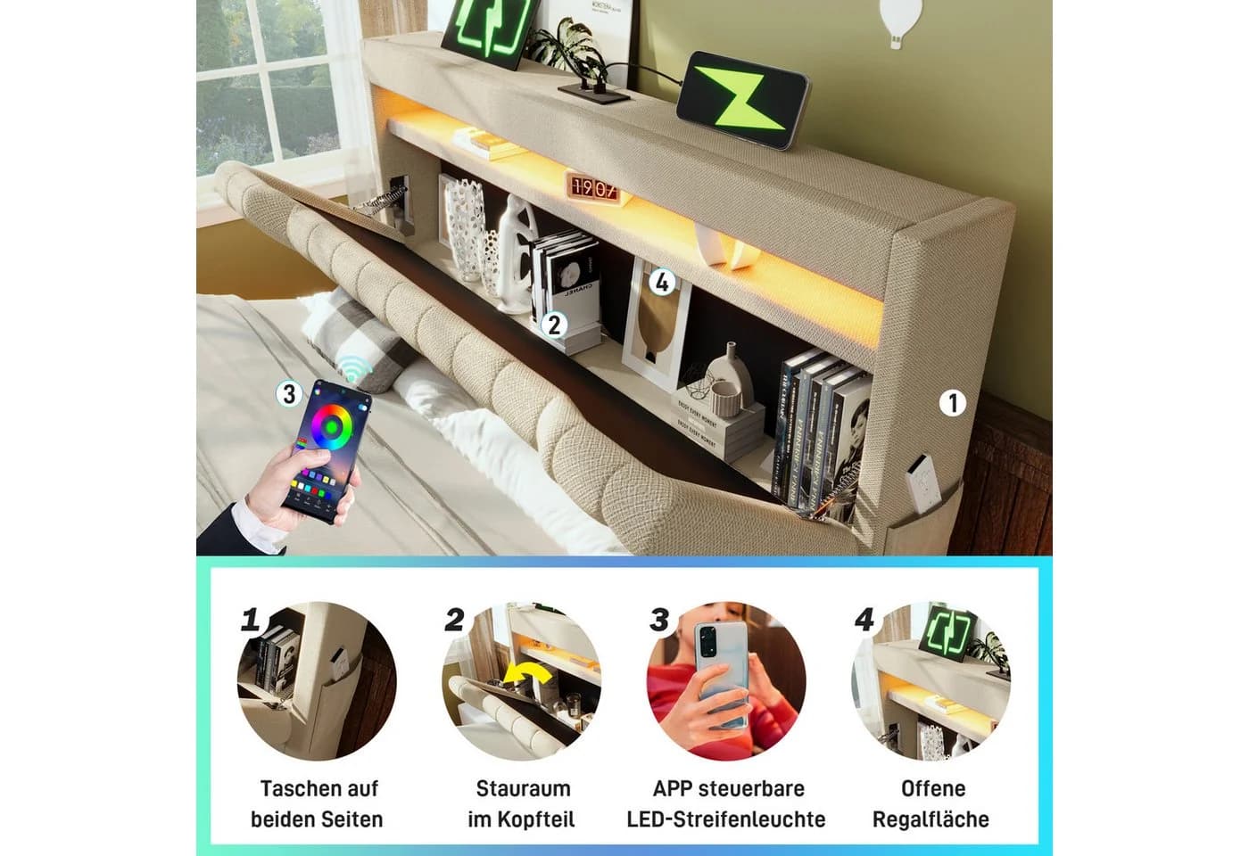 Flieks Polsterbett Beige Hydraulisches Stauraumbett mit LED - Bild 5