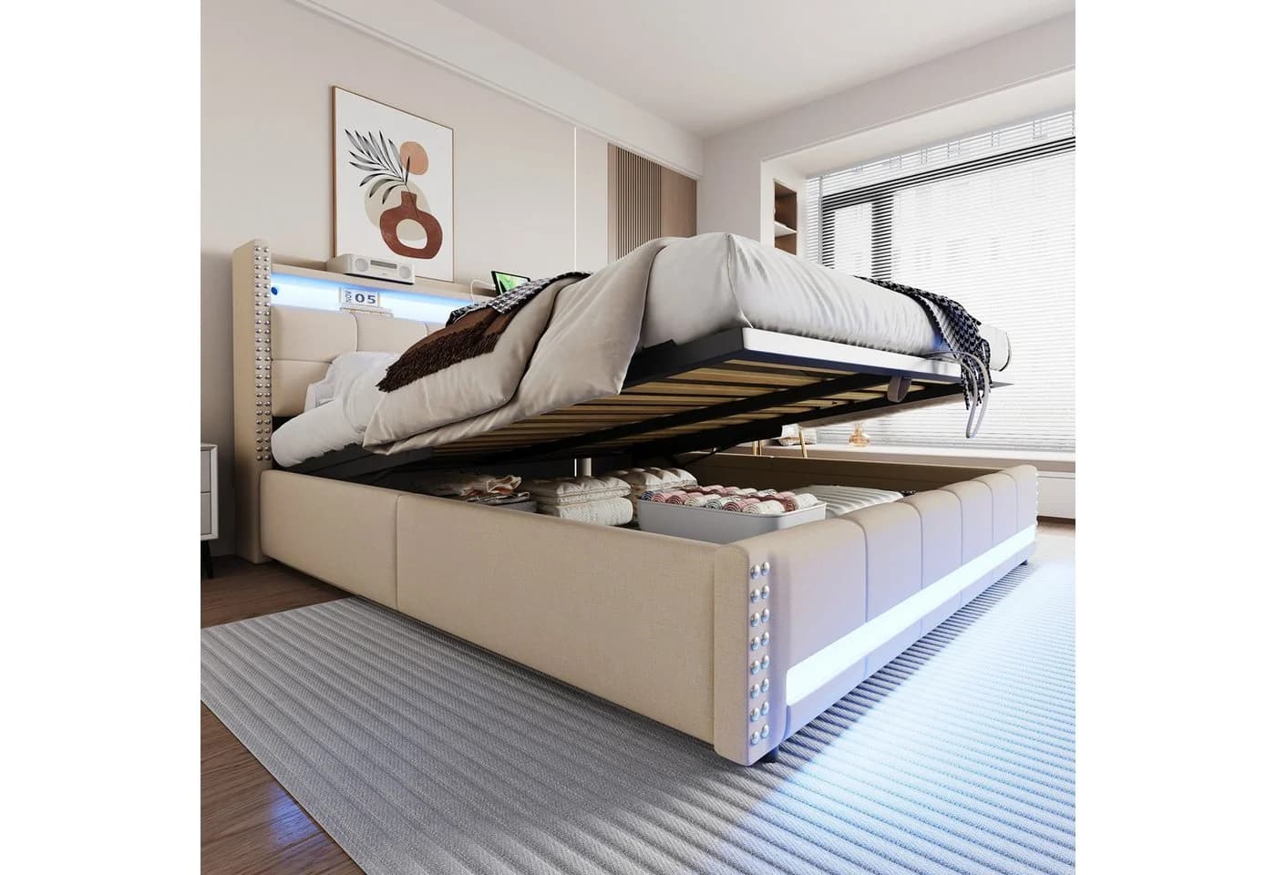 Flieks Polsterbett mit LED und Stauraum Beige