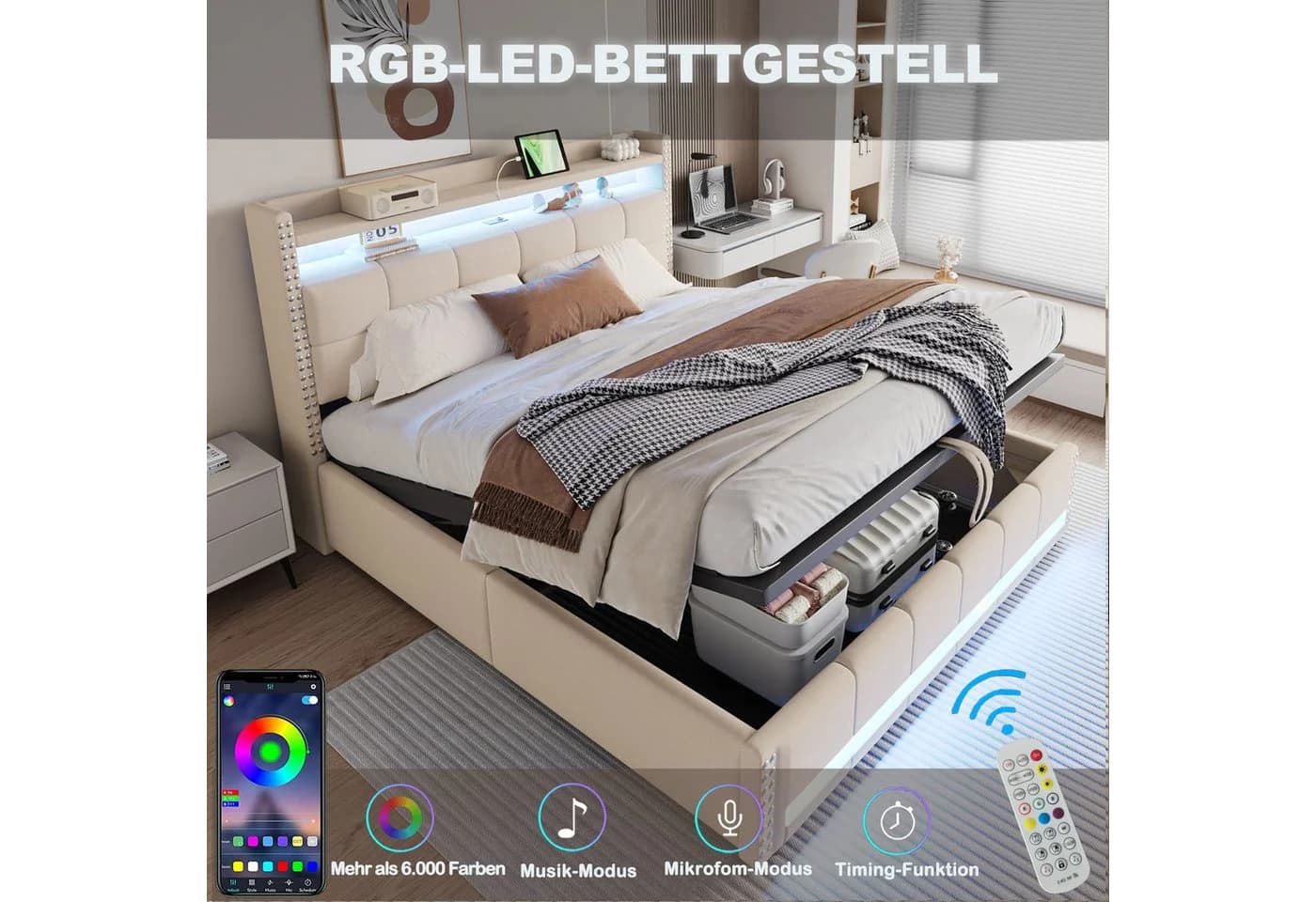 Flieks Polsterbett mit LED und Stauraum Beige - Bild 4
