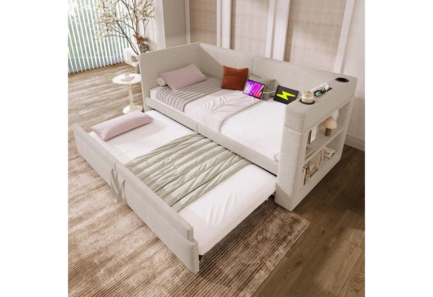 Flieks Daybett Beige mit Ausziehbett & Stauraum