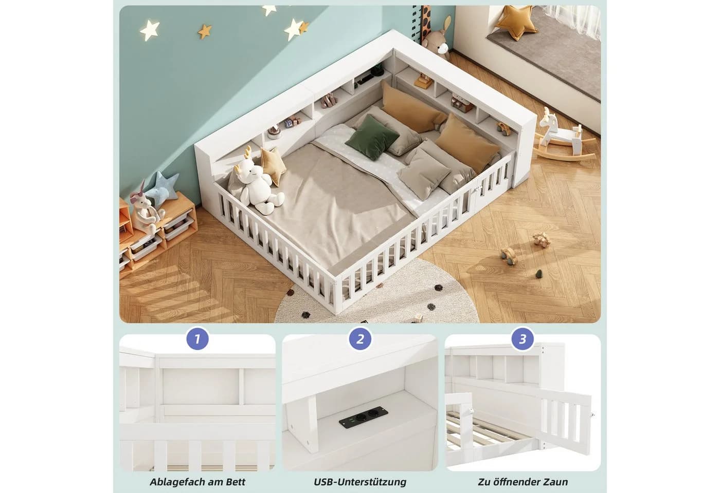 Flieks Kinderbett Daybett Weiß mit Stauraum und Geländer - Bild 4