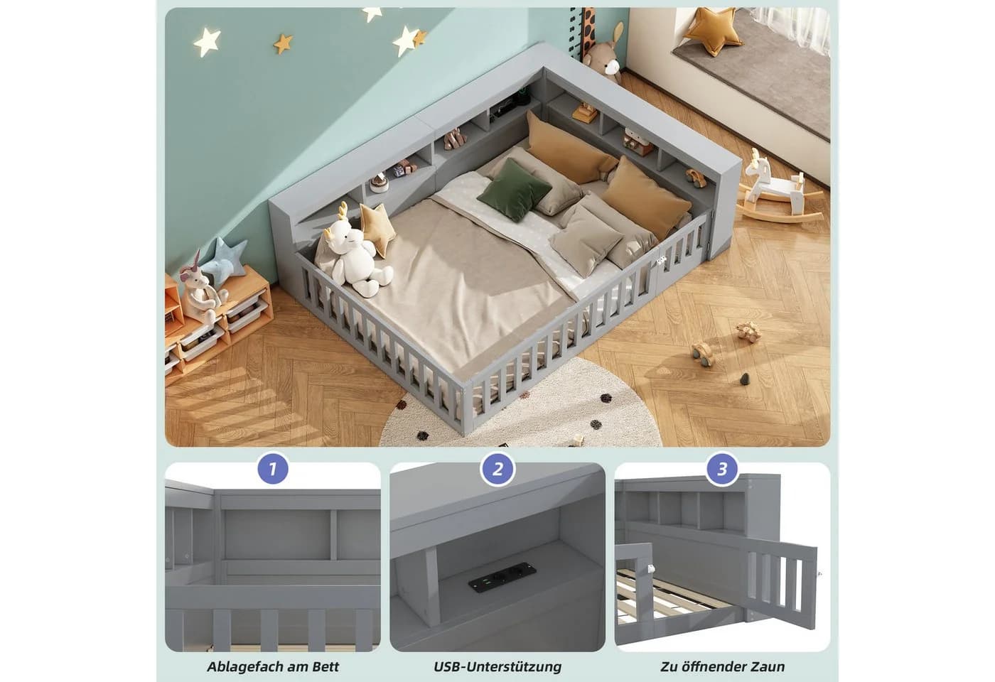 Flieks Kinderbett Daybett Grau mit Stauraum und Geländer - Bild 4