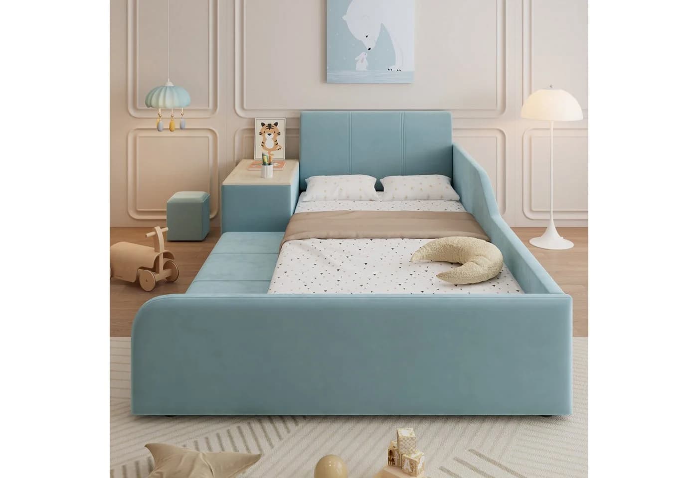 Flieks Polsterbett Kinderbett 90x200cm mit Schreibtisch und Hocker Blau