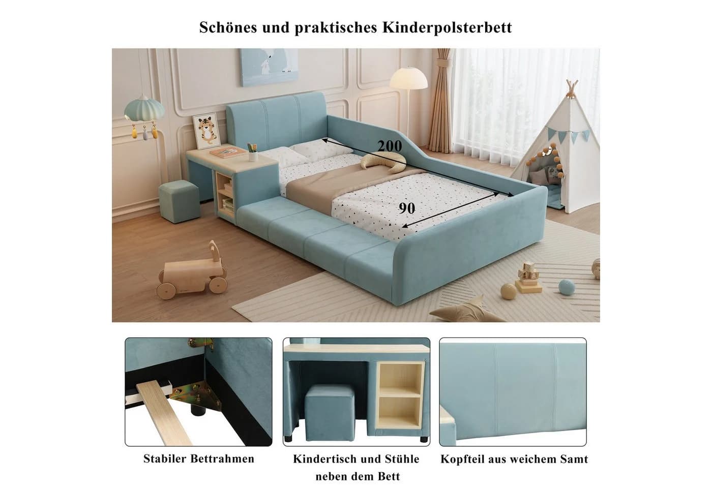 Flieks Polsterbett Kinderbett 90x200cm mit Schreibtisch und Hocker Blau - Bild 4