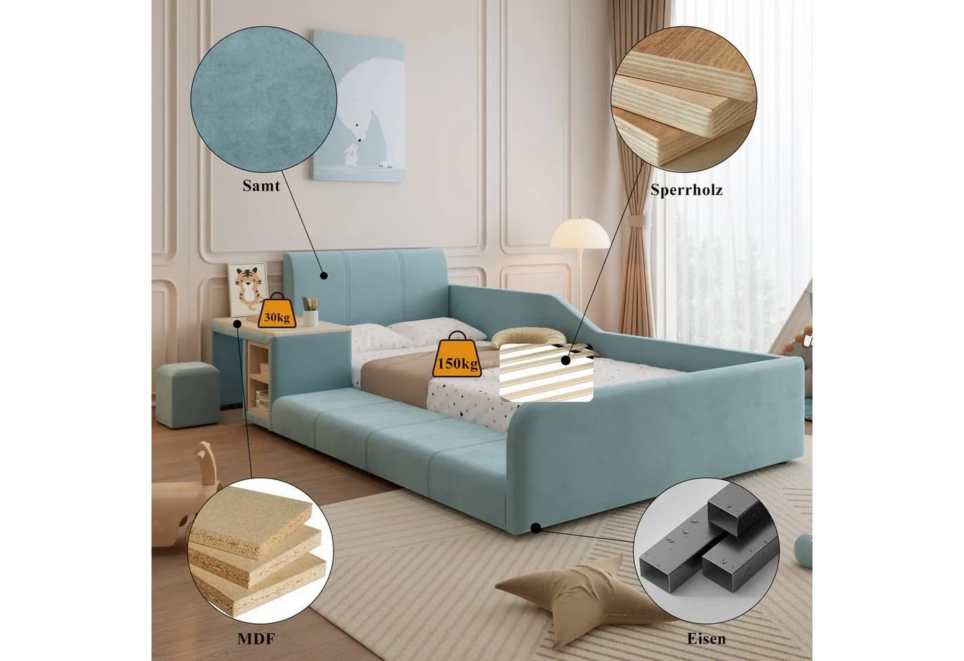 Flieks Polsterbett Kinderbett 90x200cm mit Schreibtisch und Hocker Blau - Bild 5