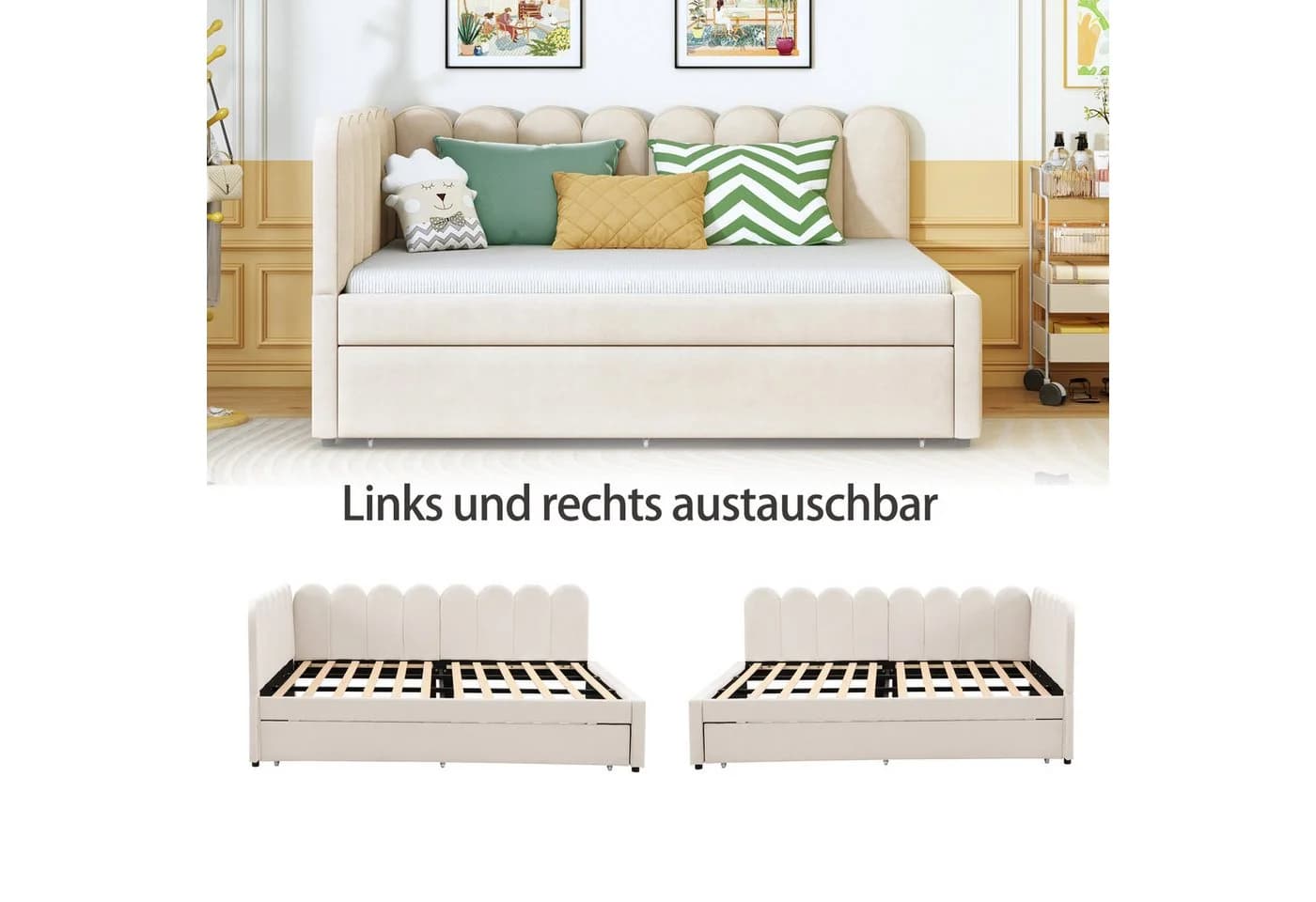 Flieks Daybett mit Ausziehbett 90x190cm Beige Samt - Bild 4