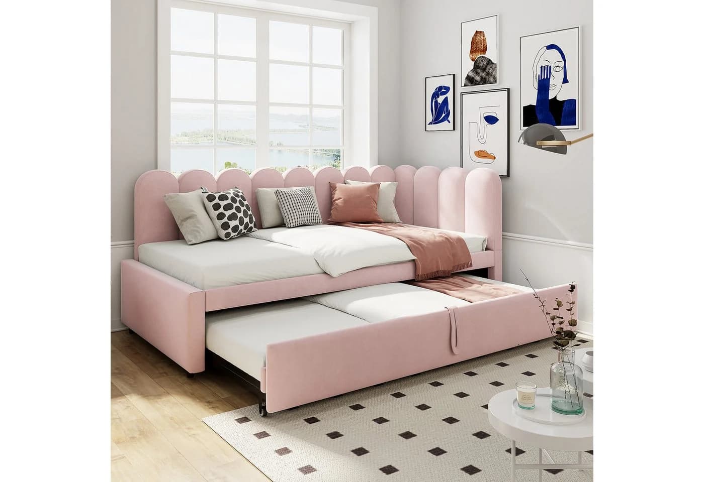 Flieks L-Form Polsterbett Rosa Samt mit Ausziehfunktion