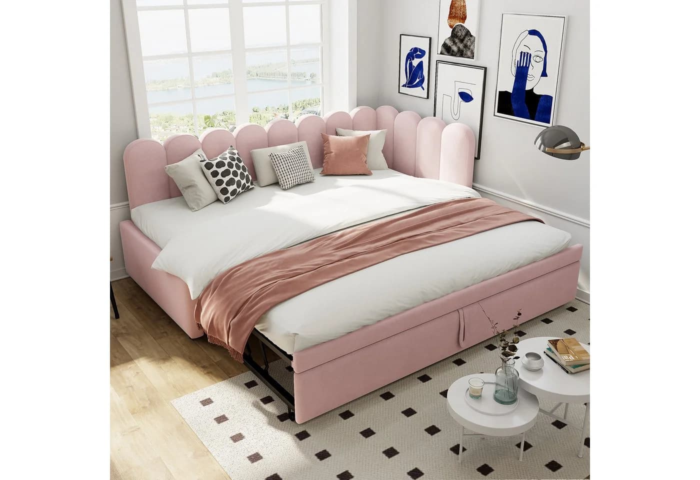 Flieks L-Form Polsterbett Rosa Samt mit Ausziehfunktion - Bild 2