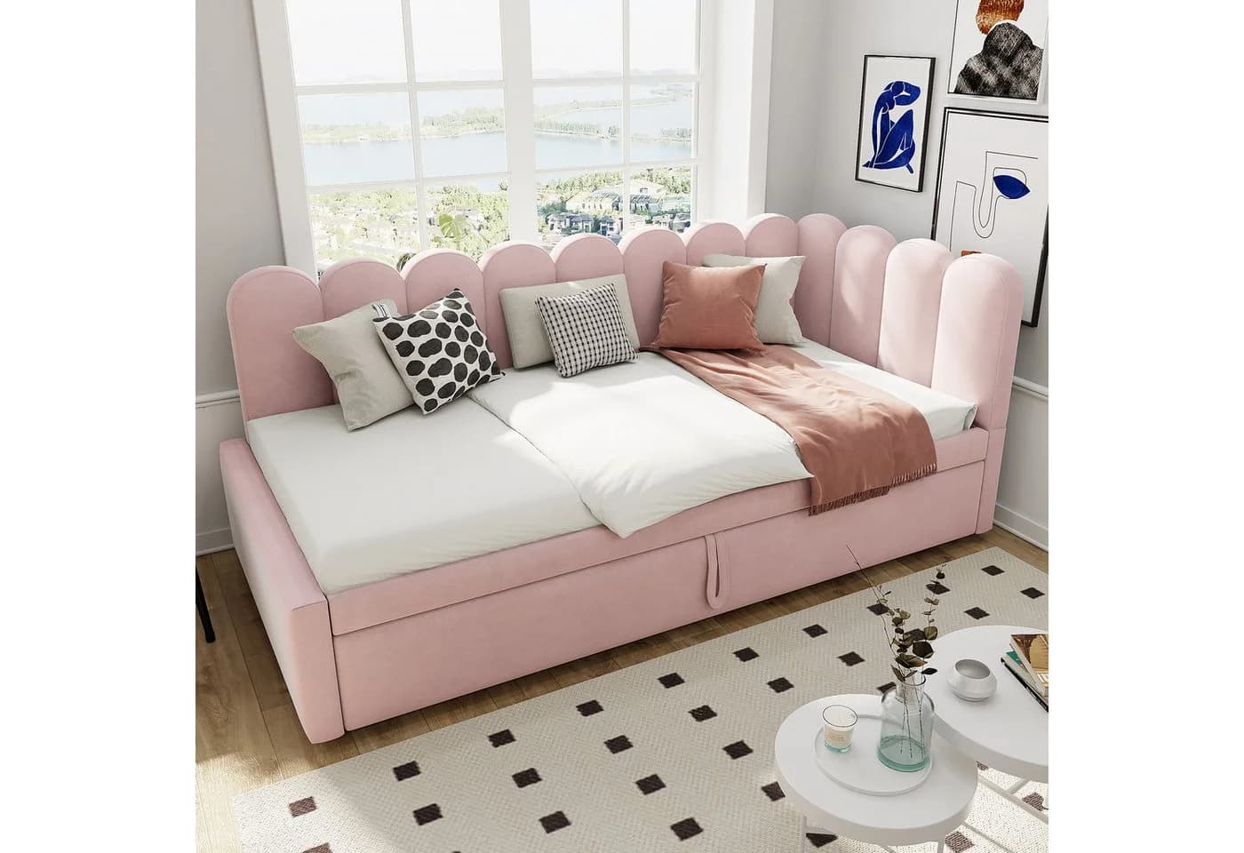 Flieks L-Form Polsterbett Rosa Samt mit Ausziehfunktion - Bild 3