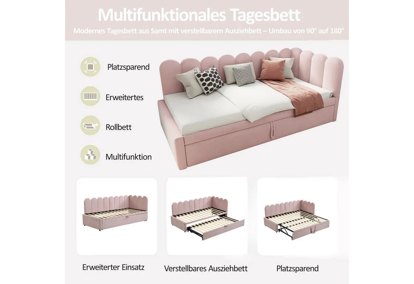 Flieks L-Form Polsterbett Rosa Samt mit Ausziehfunktion - Bild 4