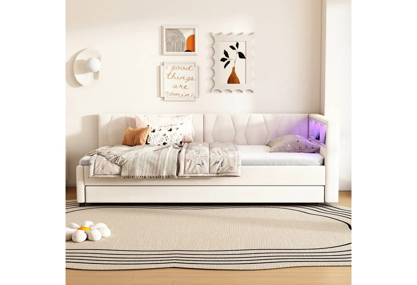 Flieks Daybett LED Polsterbett Schlafsofa Beige mit Ausziehfunktion