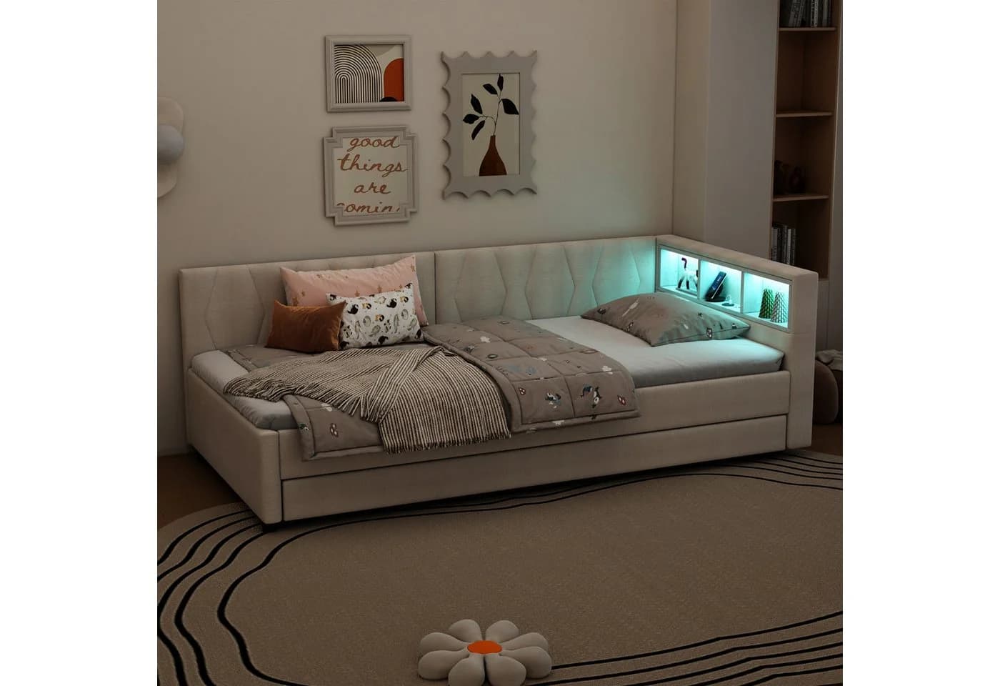 Flieks Daybett LED Polsterbett Schlafsofa Beige mit Ausziehfunktion - Bild 3