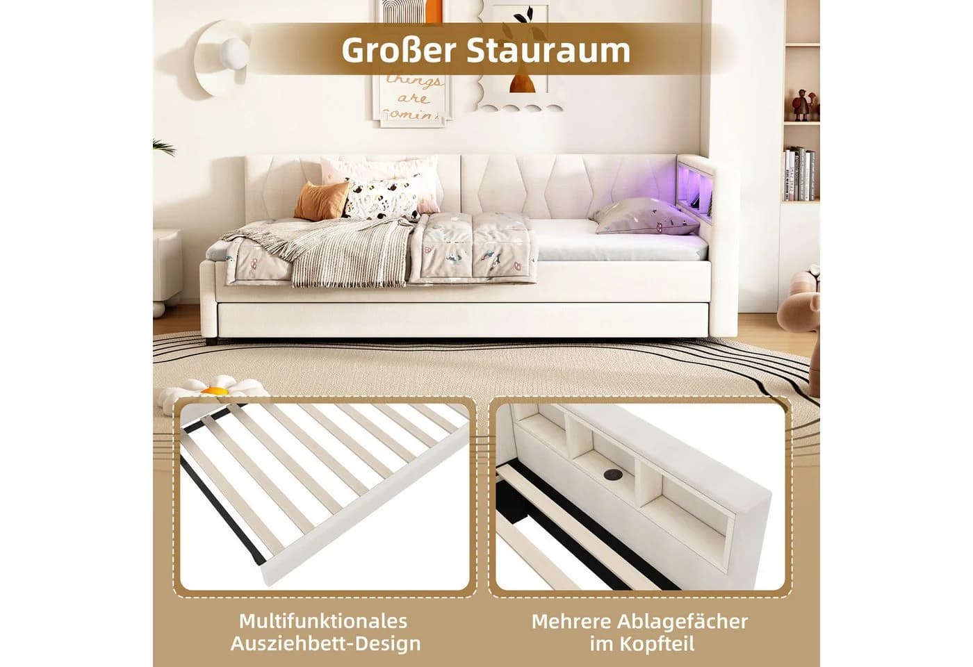 Flieks Daybett LED Polsterbett Schlafsofa Beige mit Ausziehfunktion - Bild 5