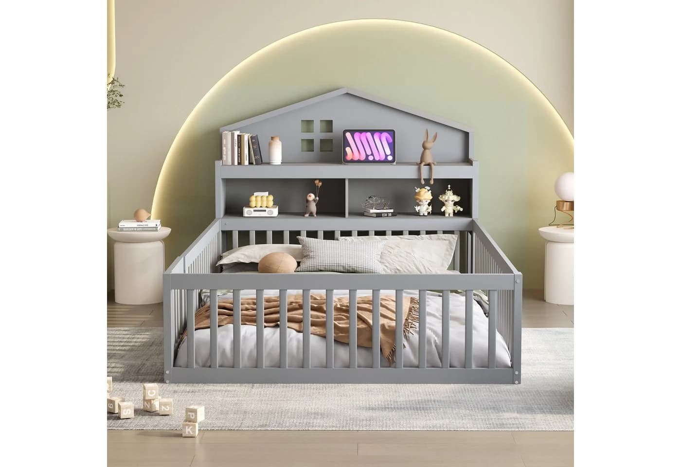 Flieks Kinderbett mit Stauraum und Kreidetafel Grau