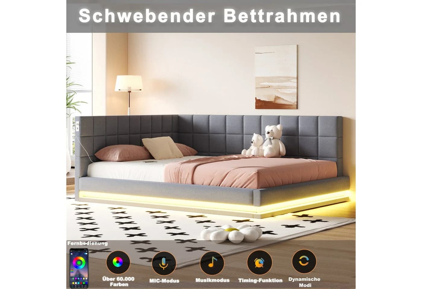 Flieks Polsterbett Grau mit LED und USB - Bild 4
