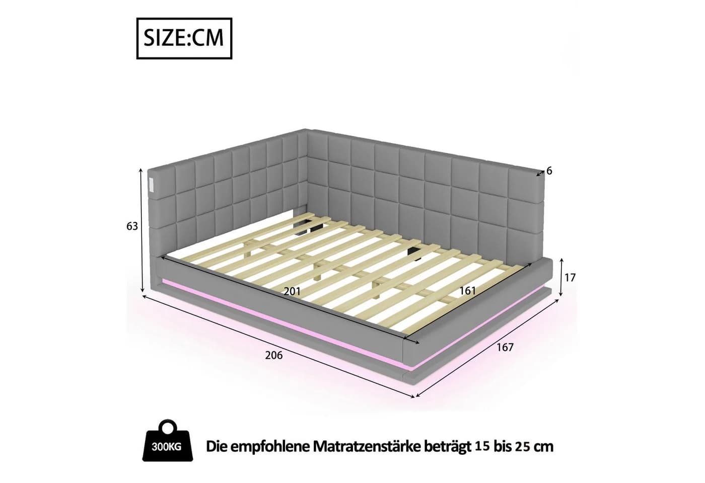 Flieks Polsterbett Grau mit LED und USB - Bild 5