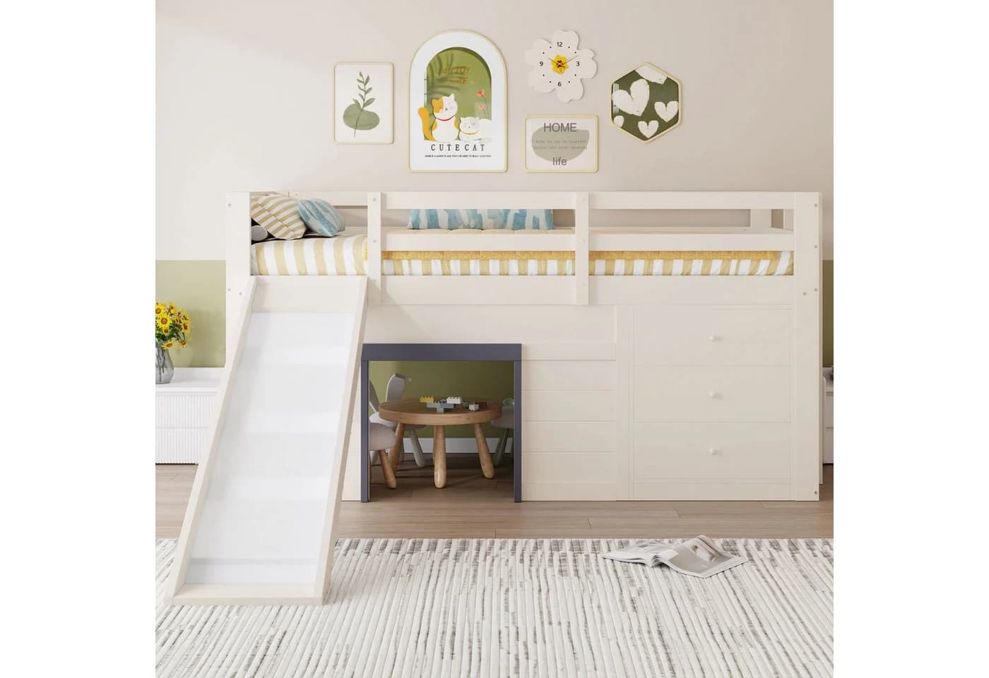 Flieks Hochbett Hausform Kinderbett mit Schubladen, Leiter und Rutsche