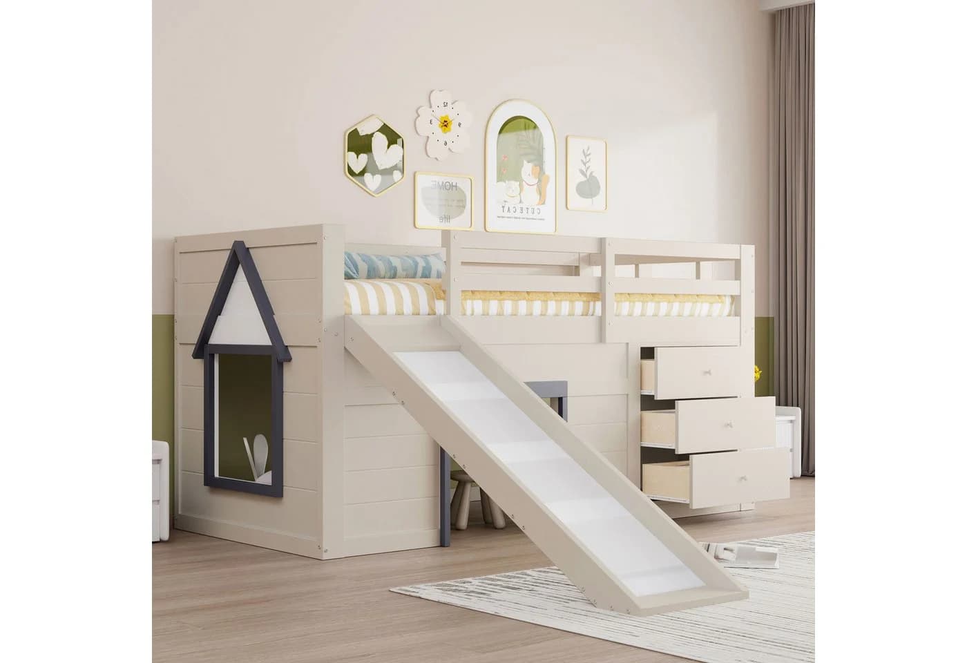 Flieks Hochbett Hausform Kinderbett mit Schubladen, Leiter und Rutsche - Bild 2