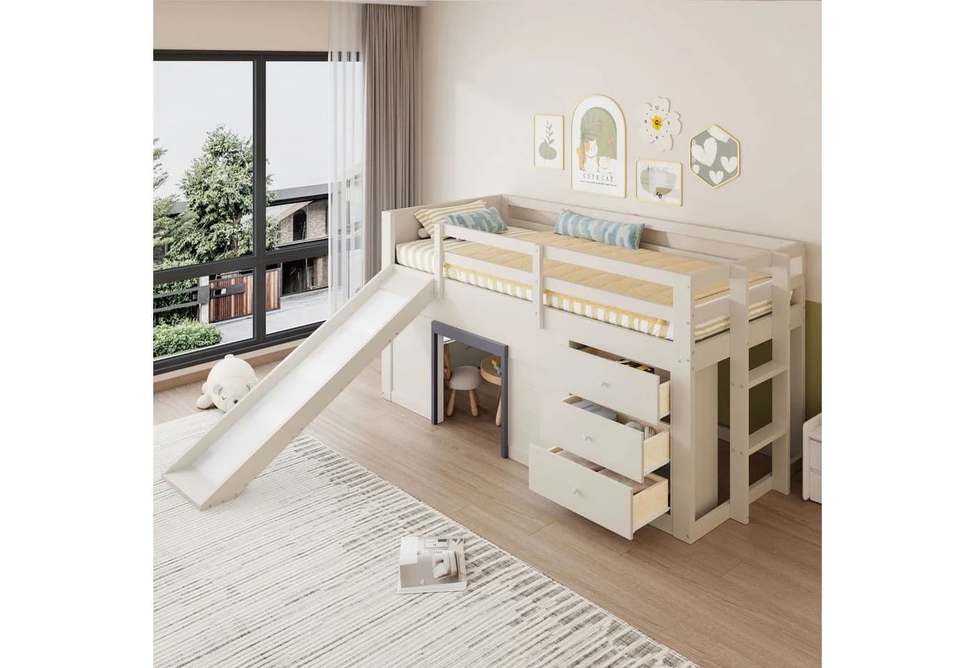 Flieks Hochbett Hausform Kinderbett mit Schubladen, Leiter und Rutsche - Bild 3