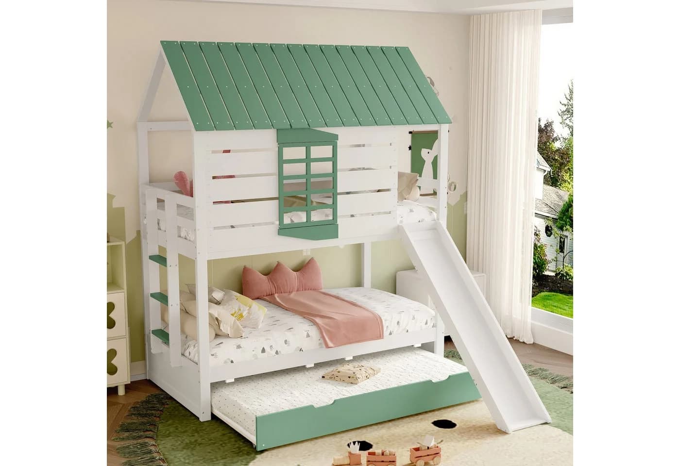 Flieks Etagenbett Hausbett mit Rutsche und Ausziehbett Grün