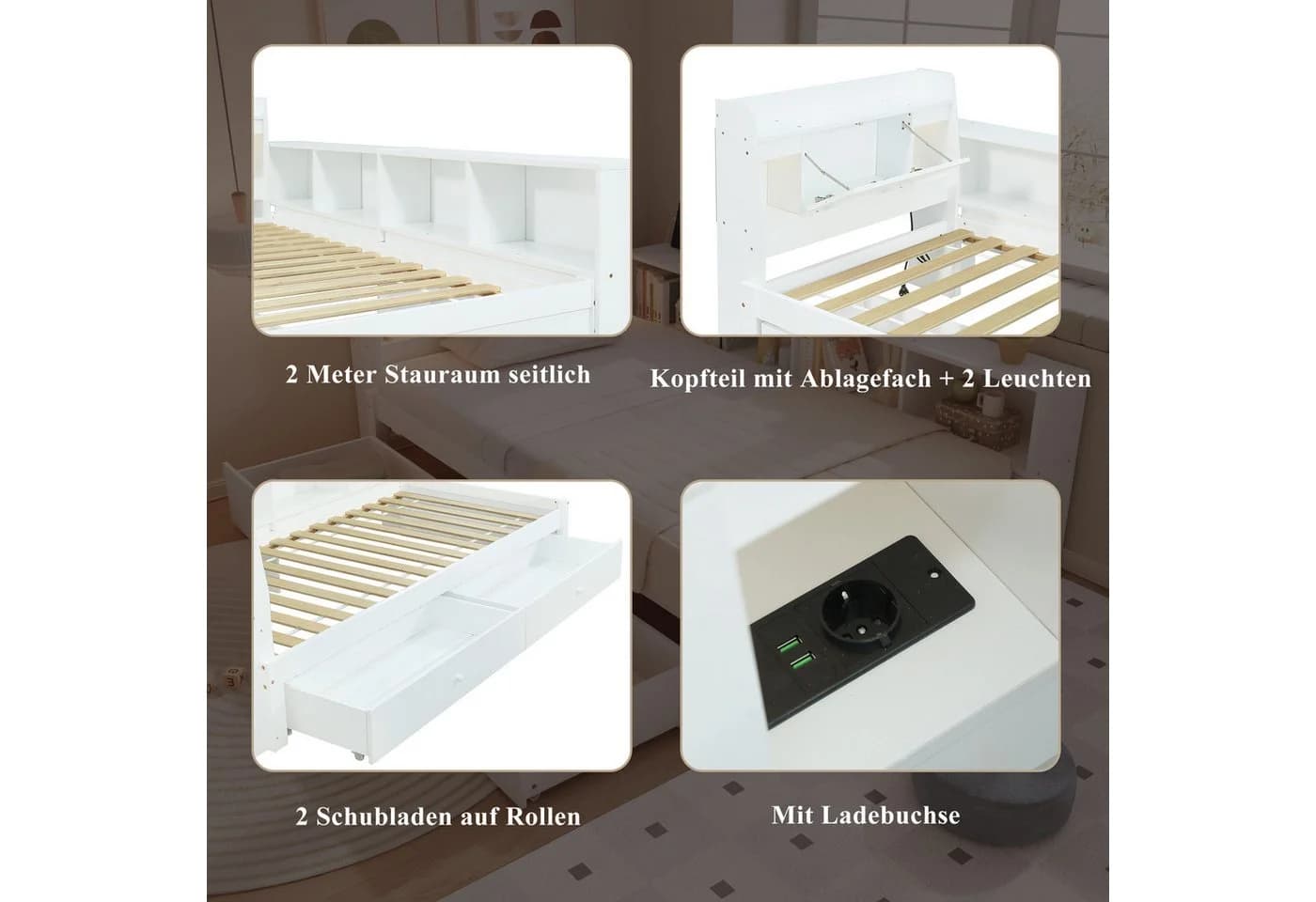 Flieks Holzbett mit LED und 2 Schubladen - Bild 5