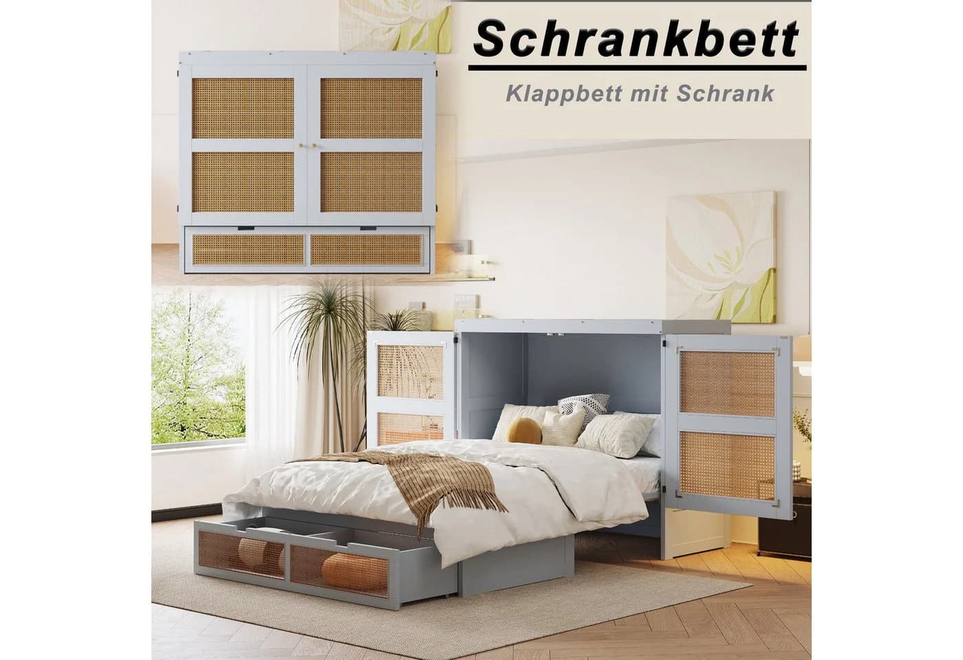 Flieks Schrankbett Klappbett 140x200cm Grau mit Schubladen und Rattan-Design - Bild 4