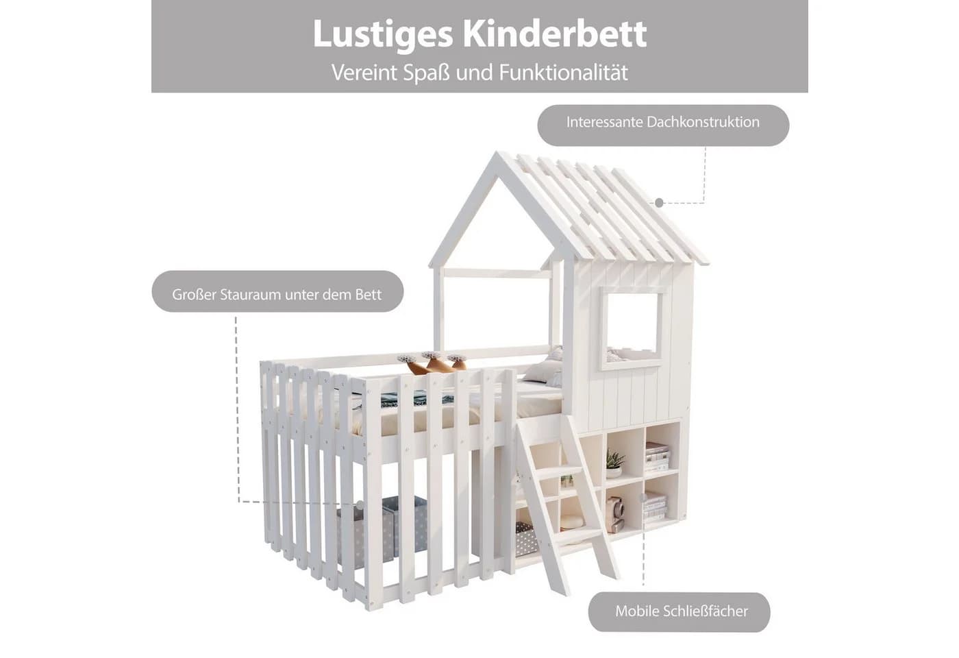 Flieks Hochbett Hausbett 90x200 mit Dach & Stauraum Kiefernholz - Bild 4