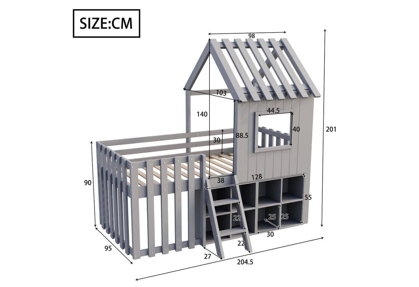 Flieks Hochbett Kinderhaus mit Dach 90x200cm Kiefernholz - Bild 3
