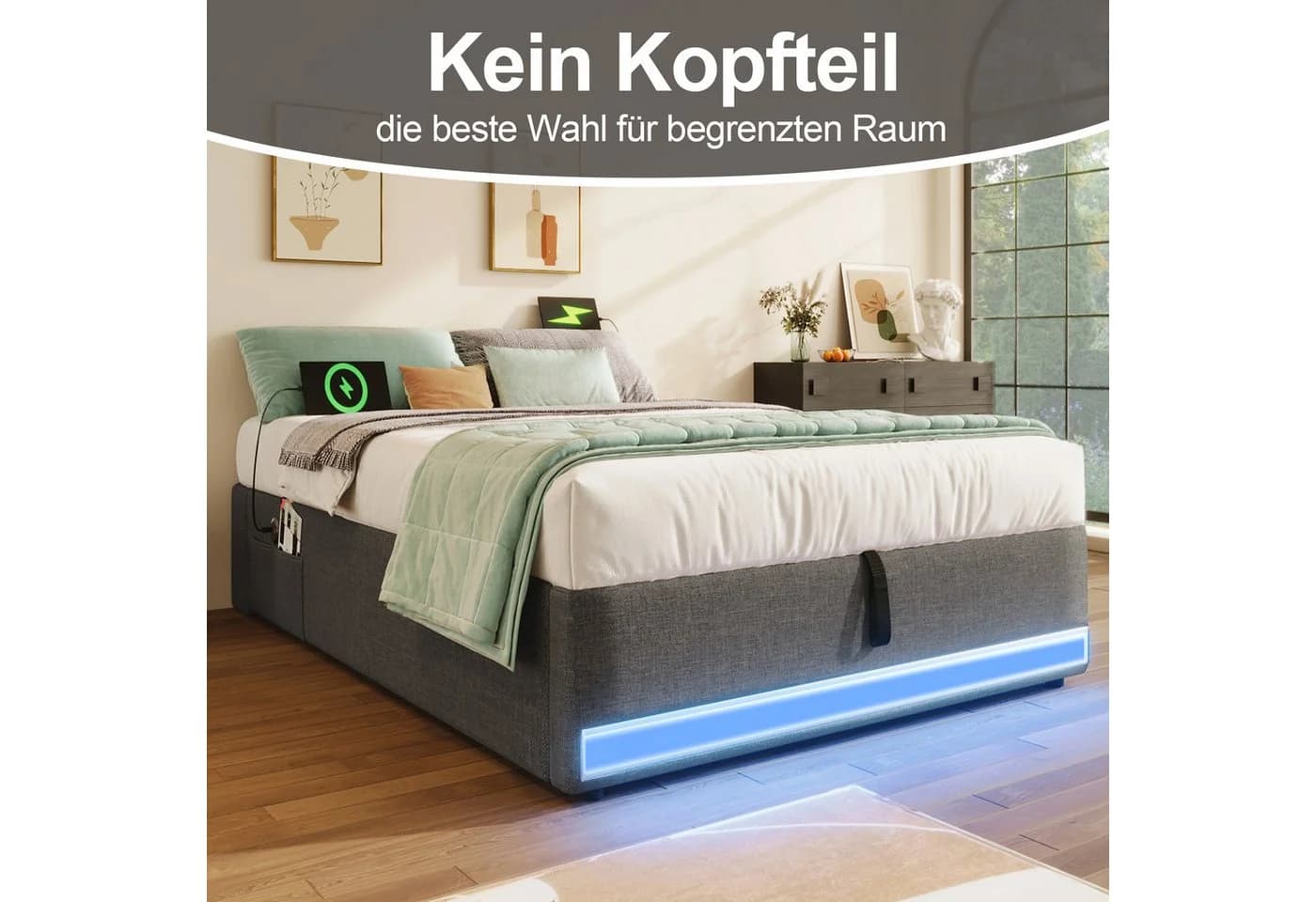 Flieks Polsterbett 90x200 Hydraulik Stauraum LED USB Grau - Bild 3