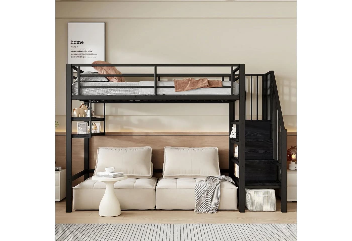 Flieks Hochbett Metallbett Schwarz mit Stauraumtreppe