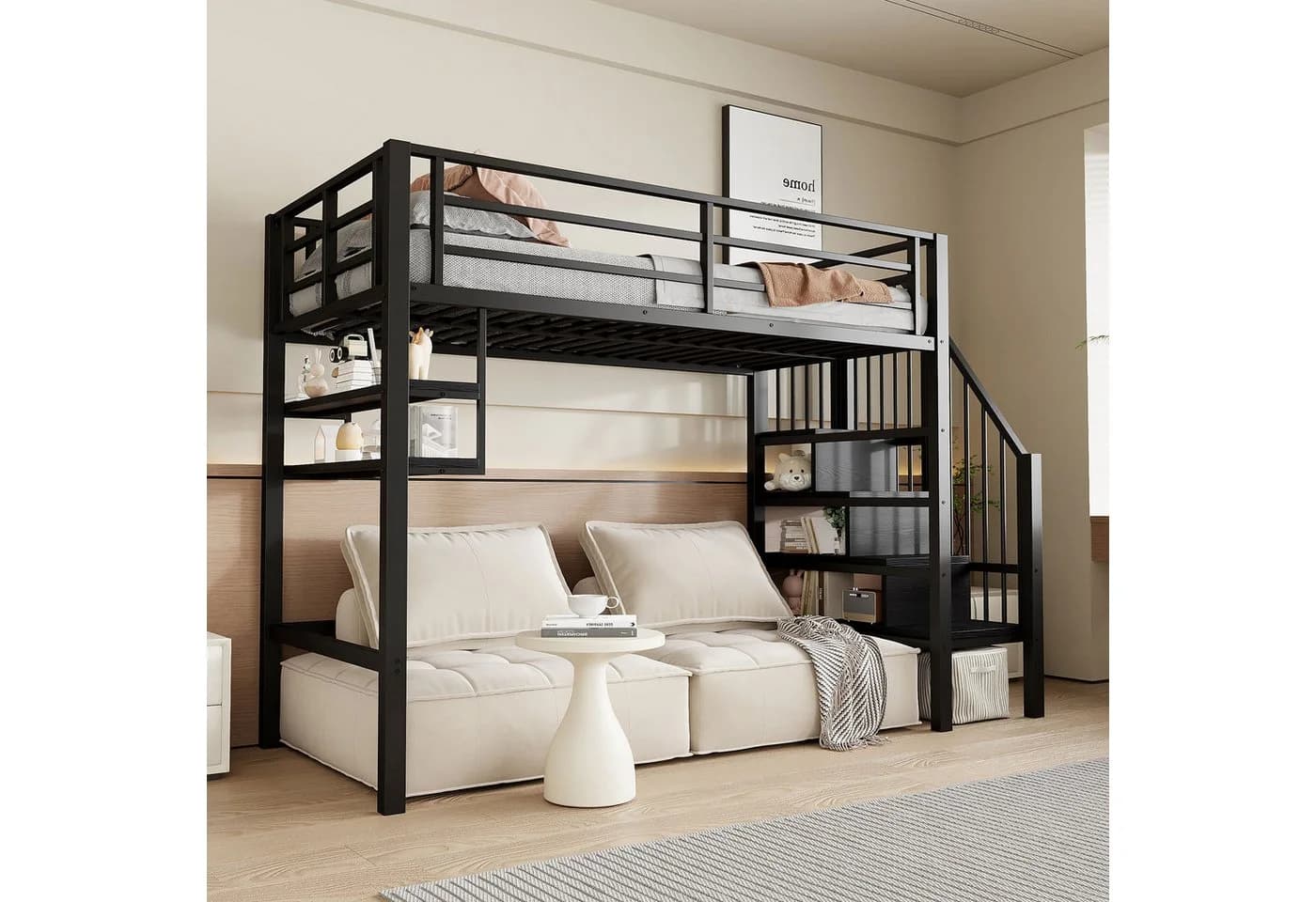 Flieks Hochbett Metallbett Schwarz mit Stauraumtreppe - Bild 3