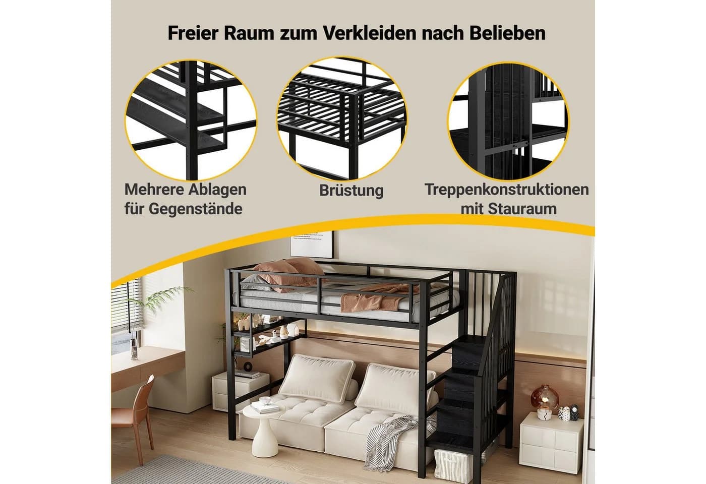 Flieks Hochbett Metallbett Schwarz mit Stauraumtreppe - Bild 4