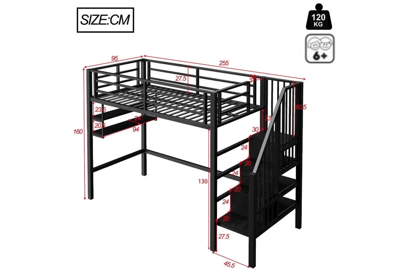 Flieks Hochbett Metallbett Schwarz mit Stauraumtreppe - Bild 5