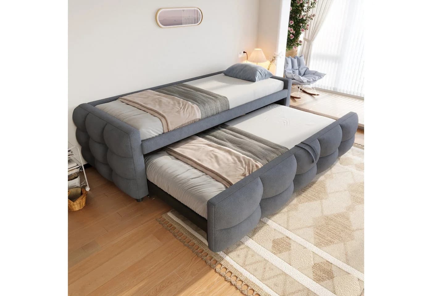 Flieks Daybett Schlafsofa mit Ausziehbett Teddy-Samt grau