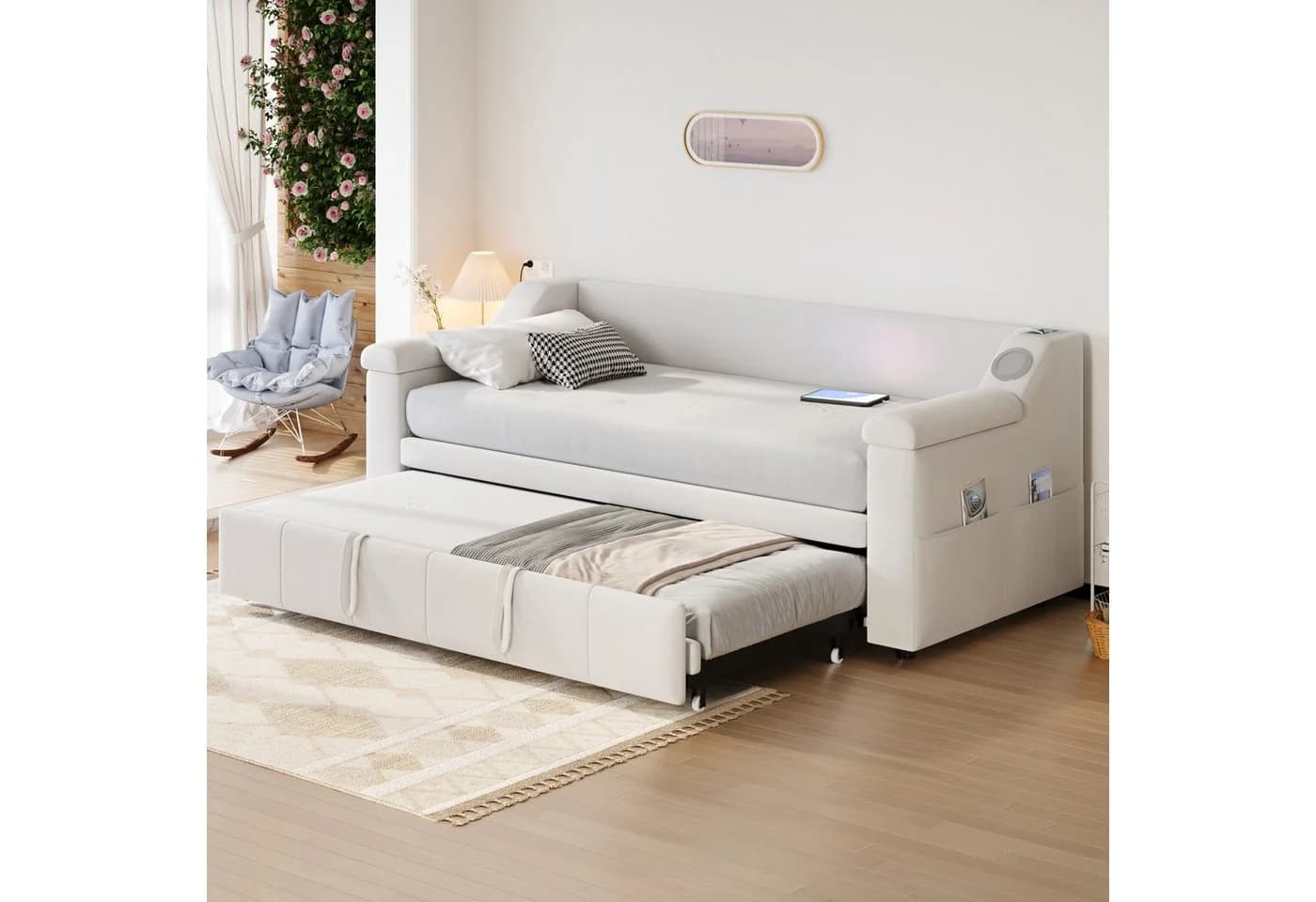 Flieks Daybett Polsterbett Beige mit Bluetooth USB Ausziehbett
