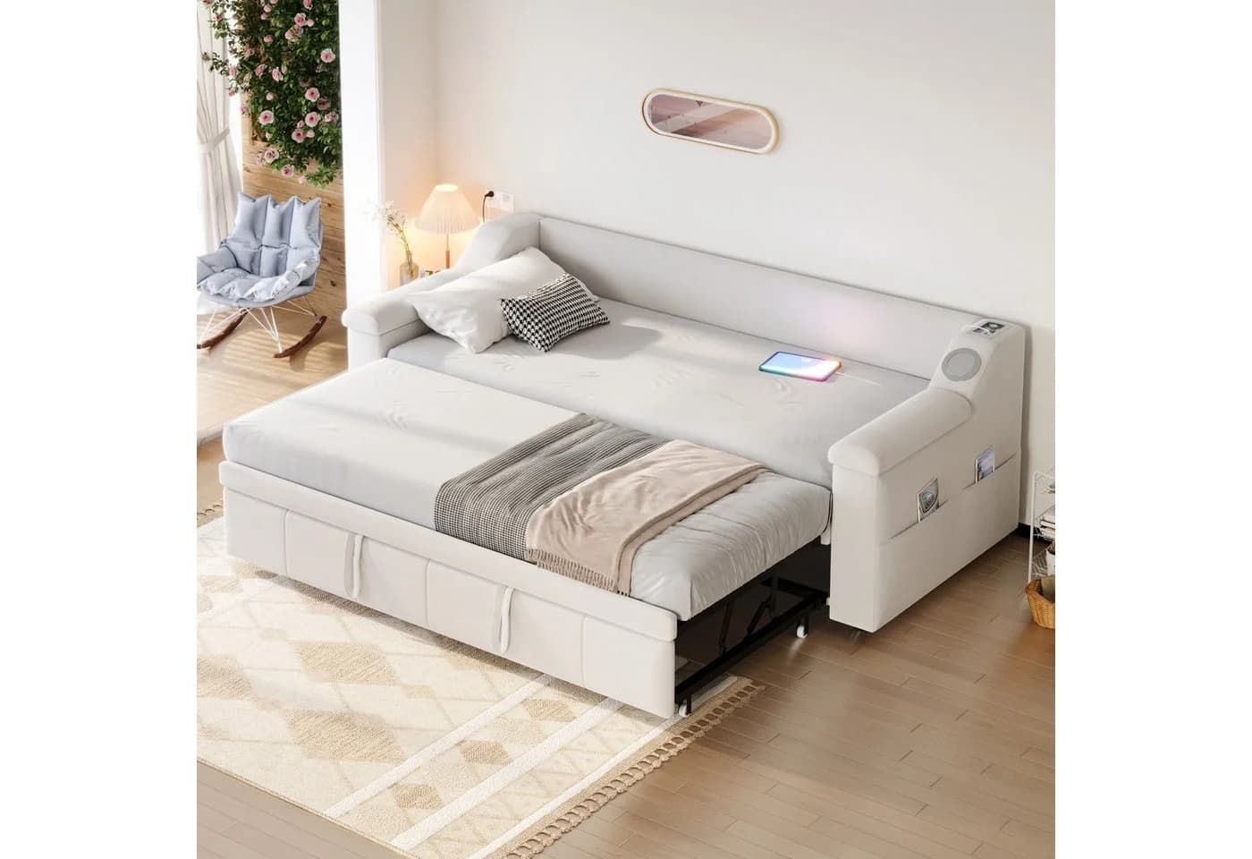 Flieks Daybett Polsterbett Beige mit Bluetooth USB Ausziehbett - Bild 2