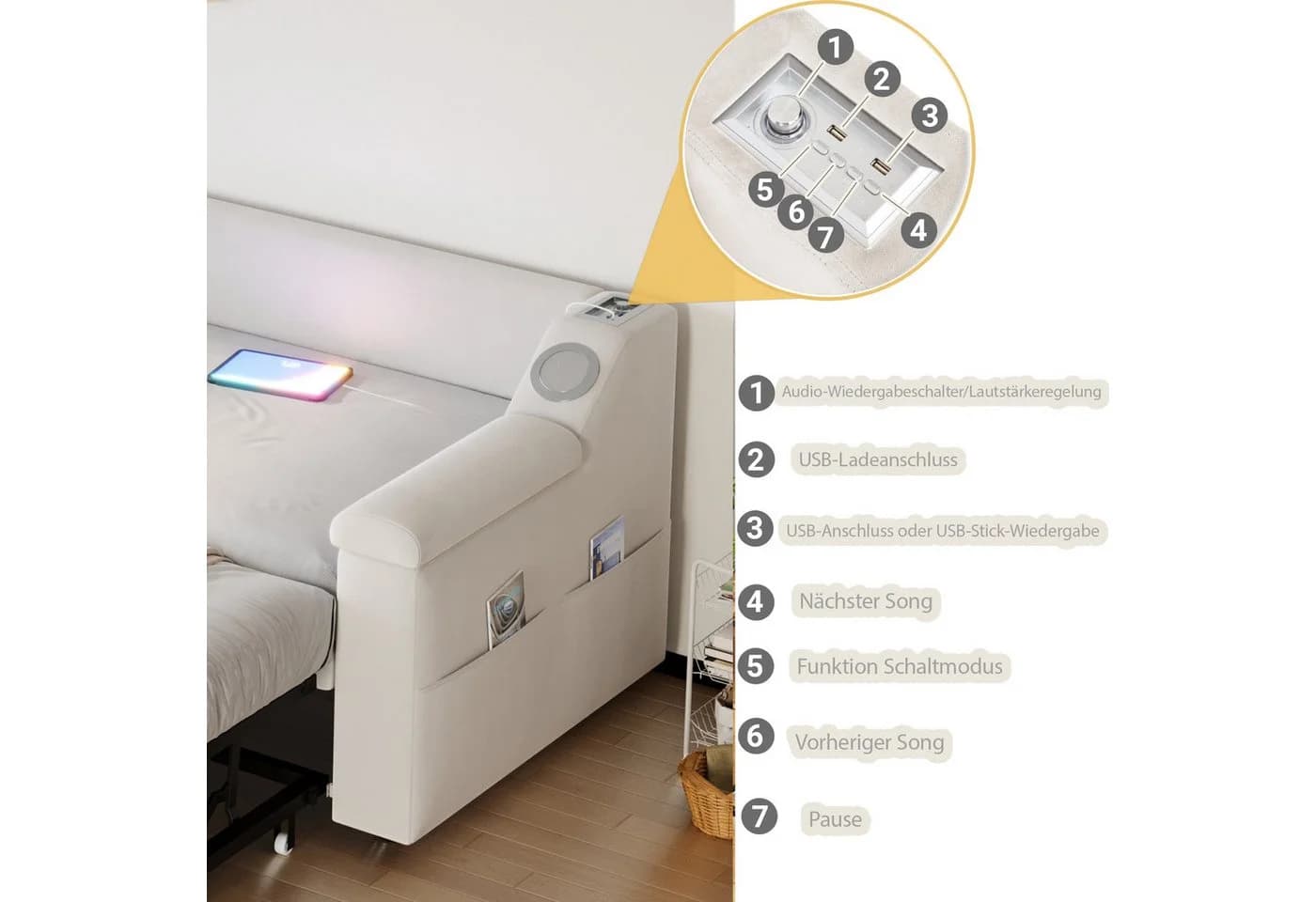 Flieks Daybett Polsterbett Beige mit Bluetooth USB Ausziehbett - Bild 5