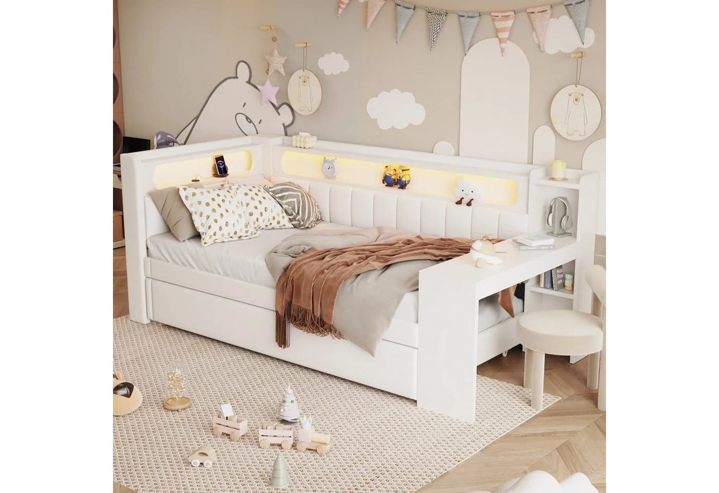 Flieks Daybett Polsterbett 90x200cm mit Ausziehbett USB LED Schreibtisch