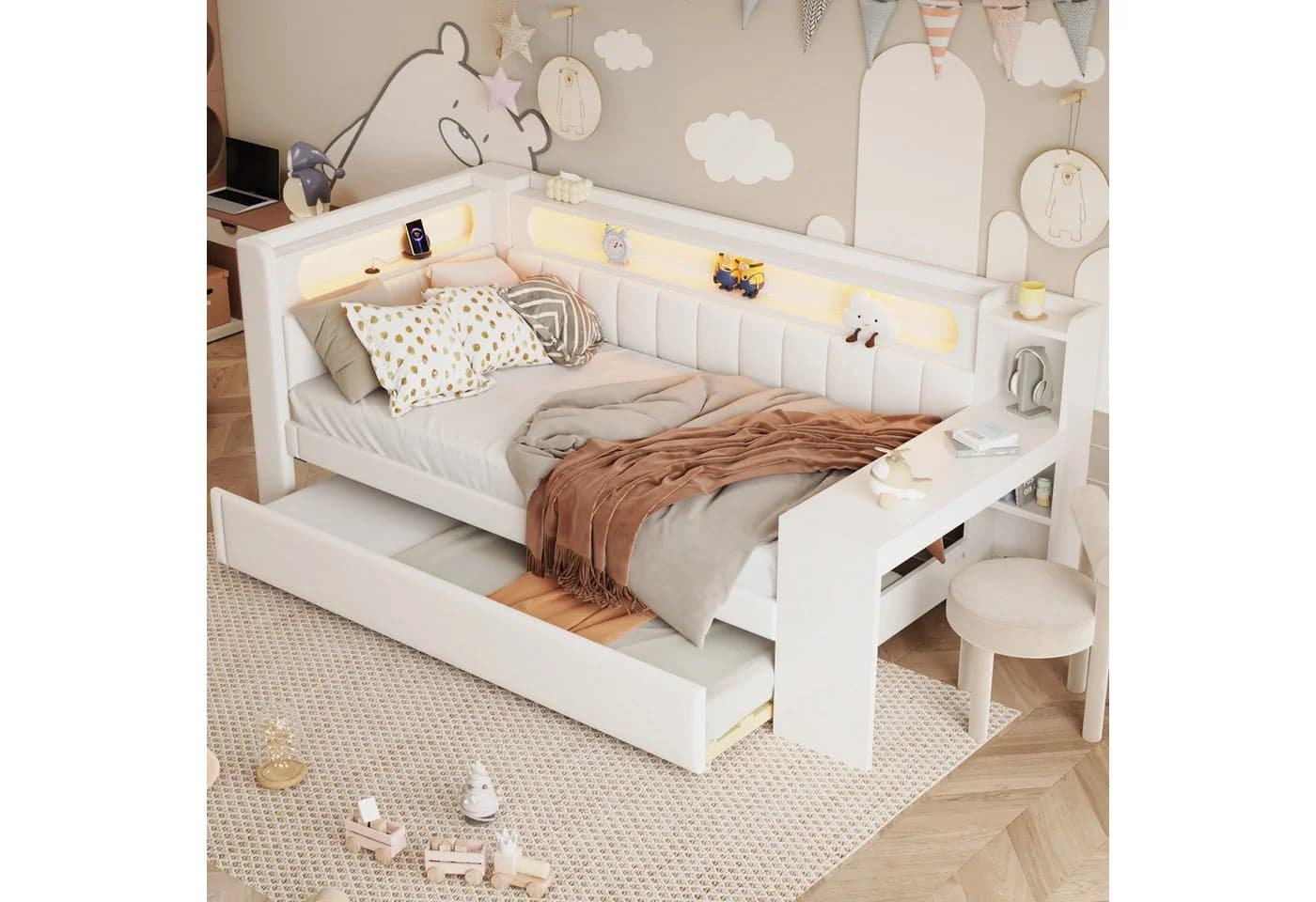 Flieks Daybett Polsterbett 90x200cm mit Ausziehbett USB LED Schreibtisch - Bild 2